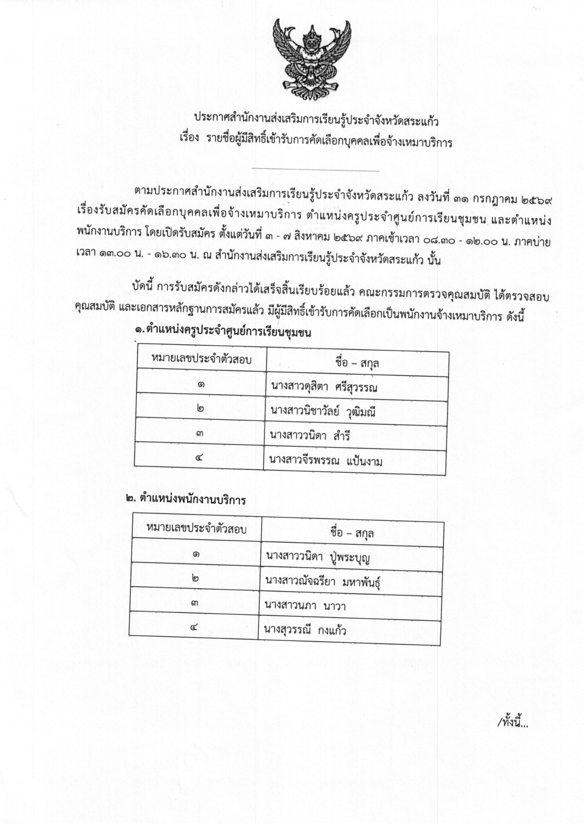 ประกาศ รายชื่อผู้มิสิทธิ์เข้ารับการคัดเลือกเพื่อจ้างเหมาบริการ